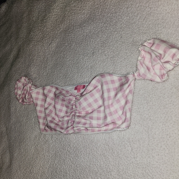 NWT Dolls Kill Pink And White Plaid Sexy Peasants Style Crop Top 😍 - Picture 4 of 7